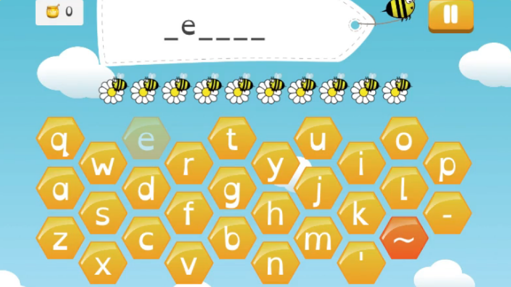 Screenshot of Bee Keeper game with blank word space honeycomb shaped tiles of letters to choose from