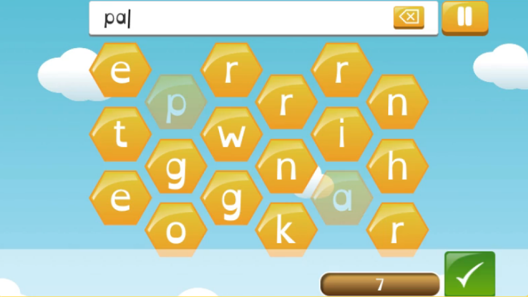 Screenshot of Buzz Words showing honeycomb shaped letter tiles to create words from