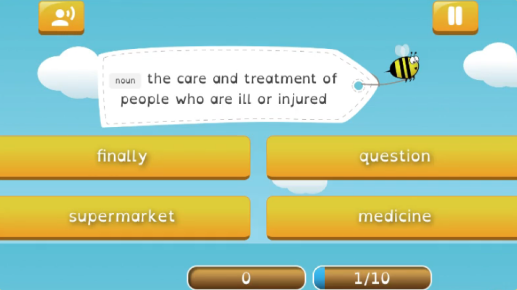 Screenshot of Definitions game with sentance and 4 word options to fill the blank