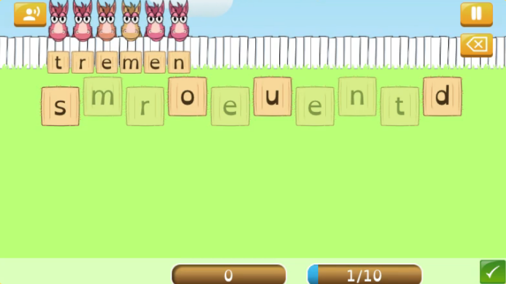 Screenshot of Hungry Horses game showing jumbled bale tiles with letter to spell tremendous