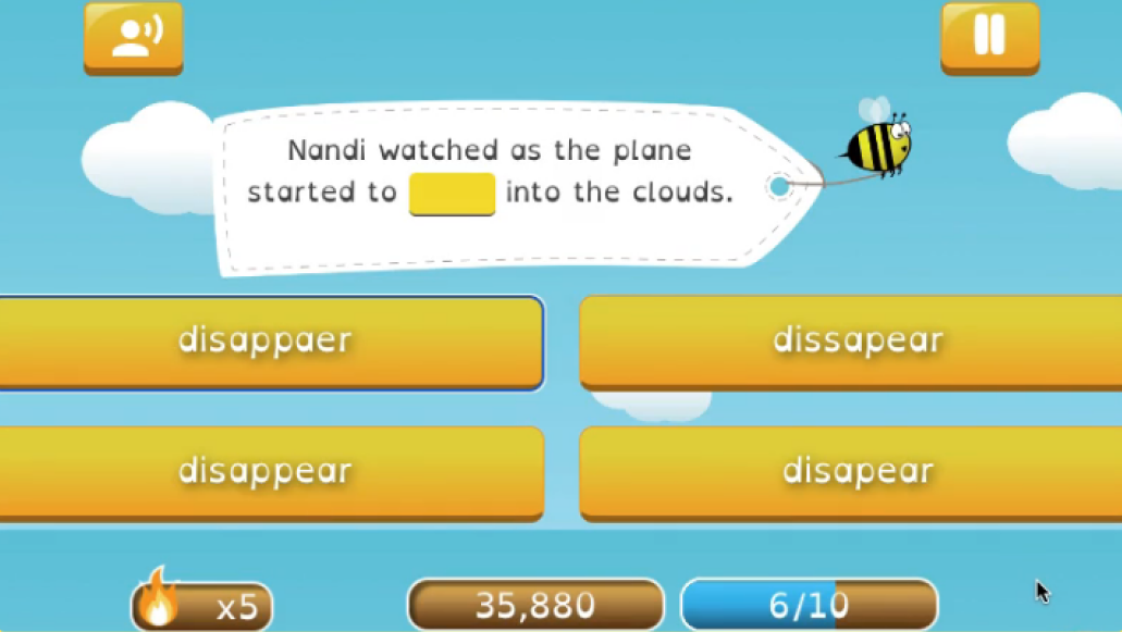 Screenshot of Missing Word game with sentence and 4 word spelling options to fill the blank