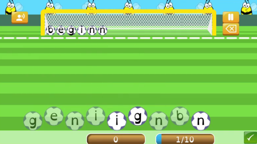 Screenshot of Penalty Spell Out game with jumbled football tiles with letters to spell beginning