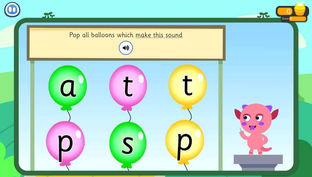 Screenshot of Sound Games showing ballons to pop which make the requsted sound