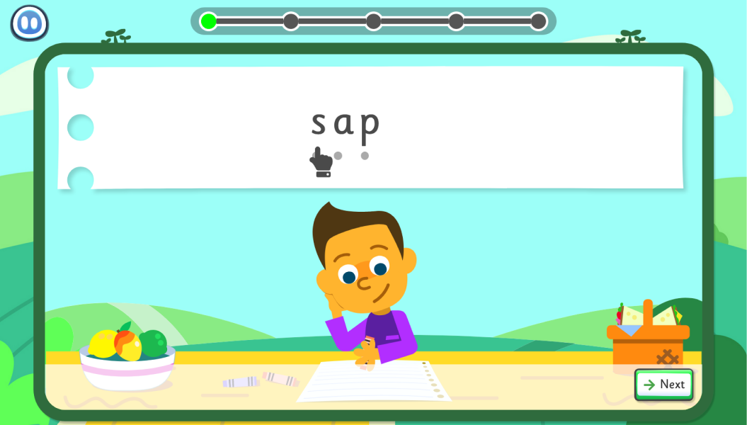 Screenshot of Toybox style games showing boy character Joe reading the word sap