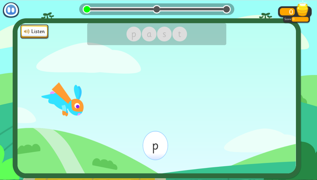 Screenshot of Dare the super Hare popping the letter P grapheme to spell the word past