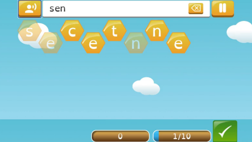 Screenshot of Spelling Bee game showing jumbled honeycomb tiles with letters to spell sentence