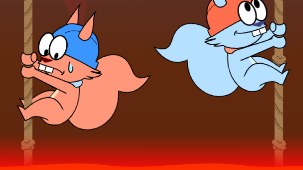 Screenshot of Squirrel Scurry showing two squirrel characters climbing a rope to avoid lava