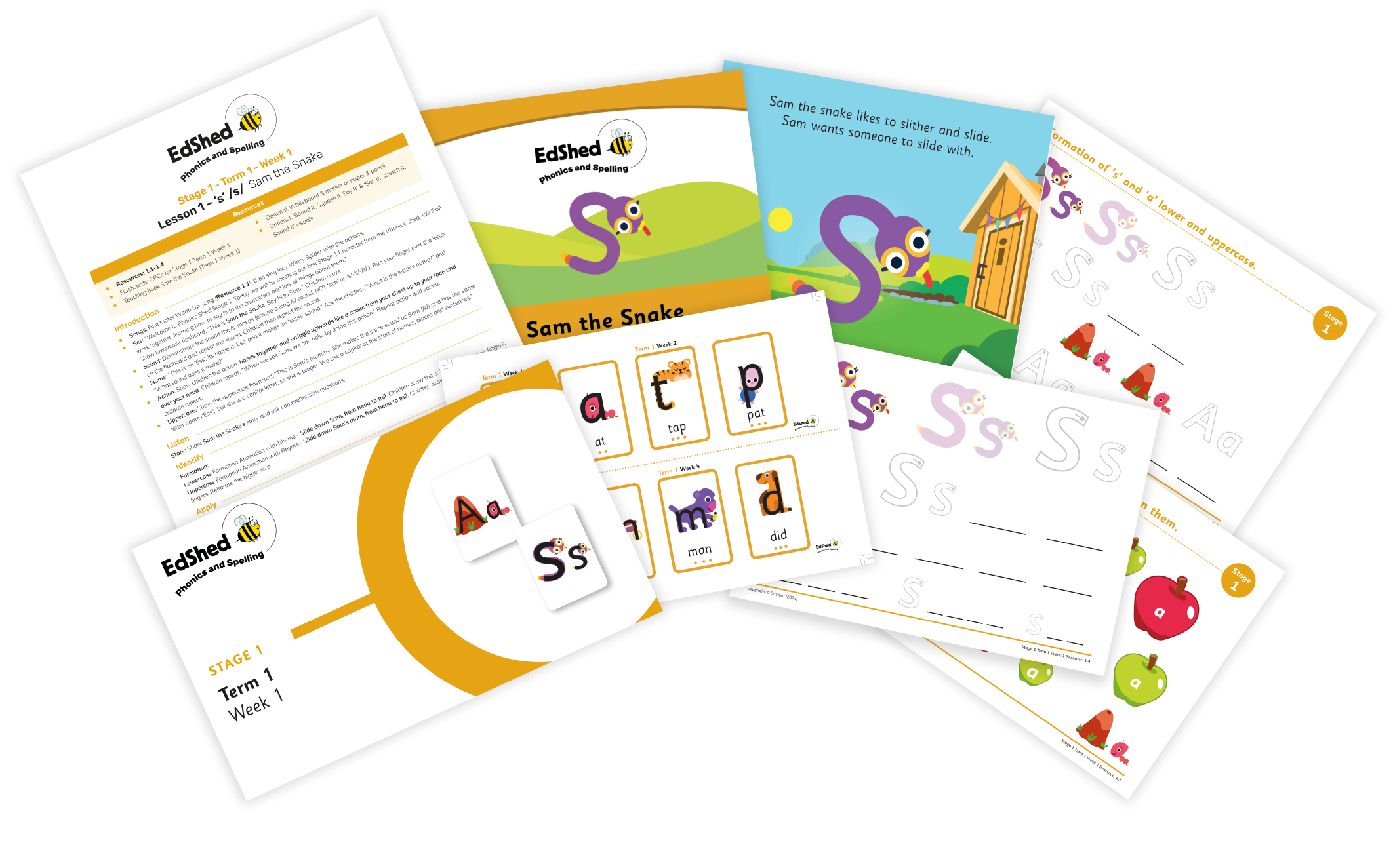 Flatlay of EdShed phonics resources: lesson plans, books, worksheets and presentation