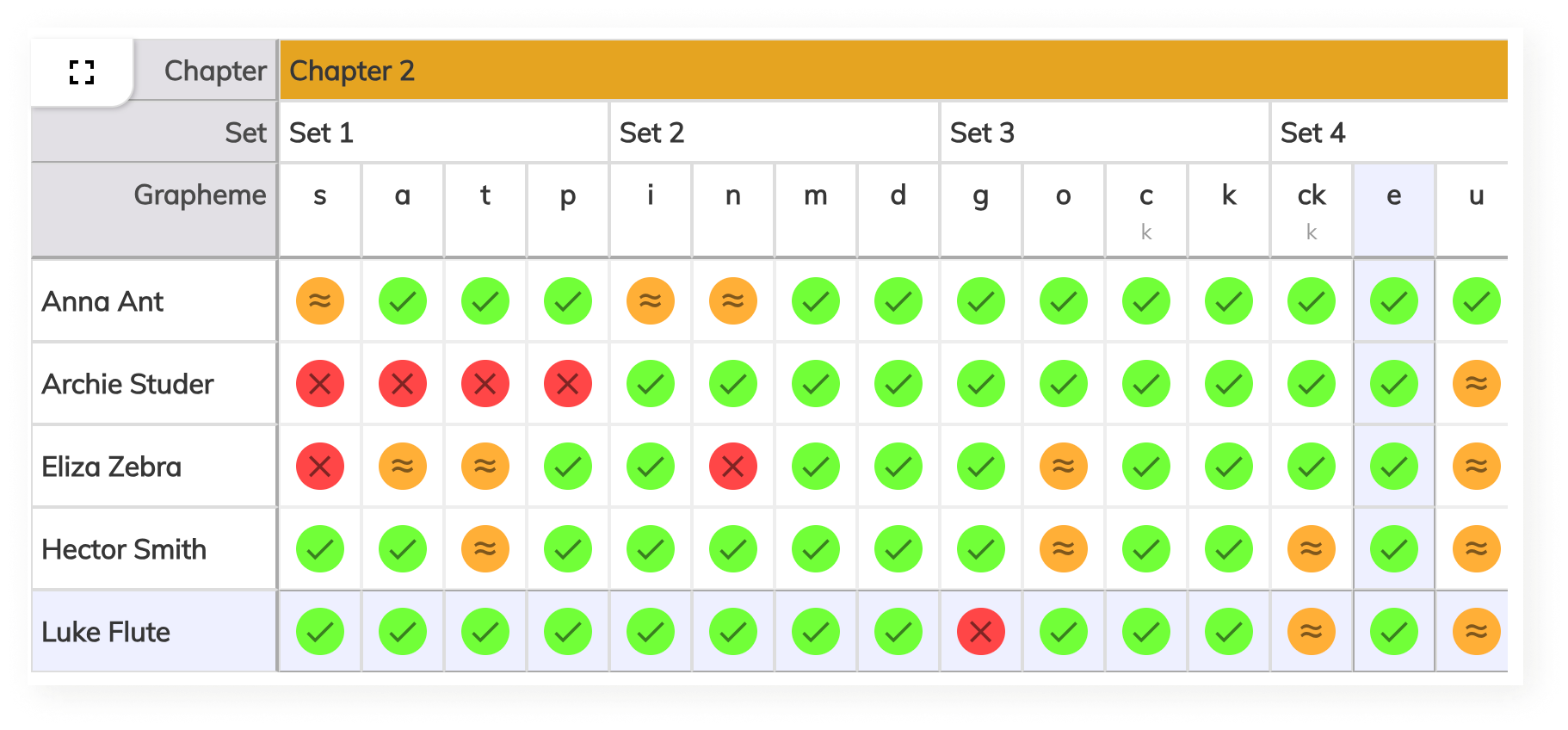 Screenshot of assesment grid for tracking progress of students
