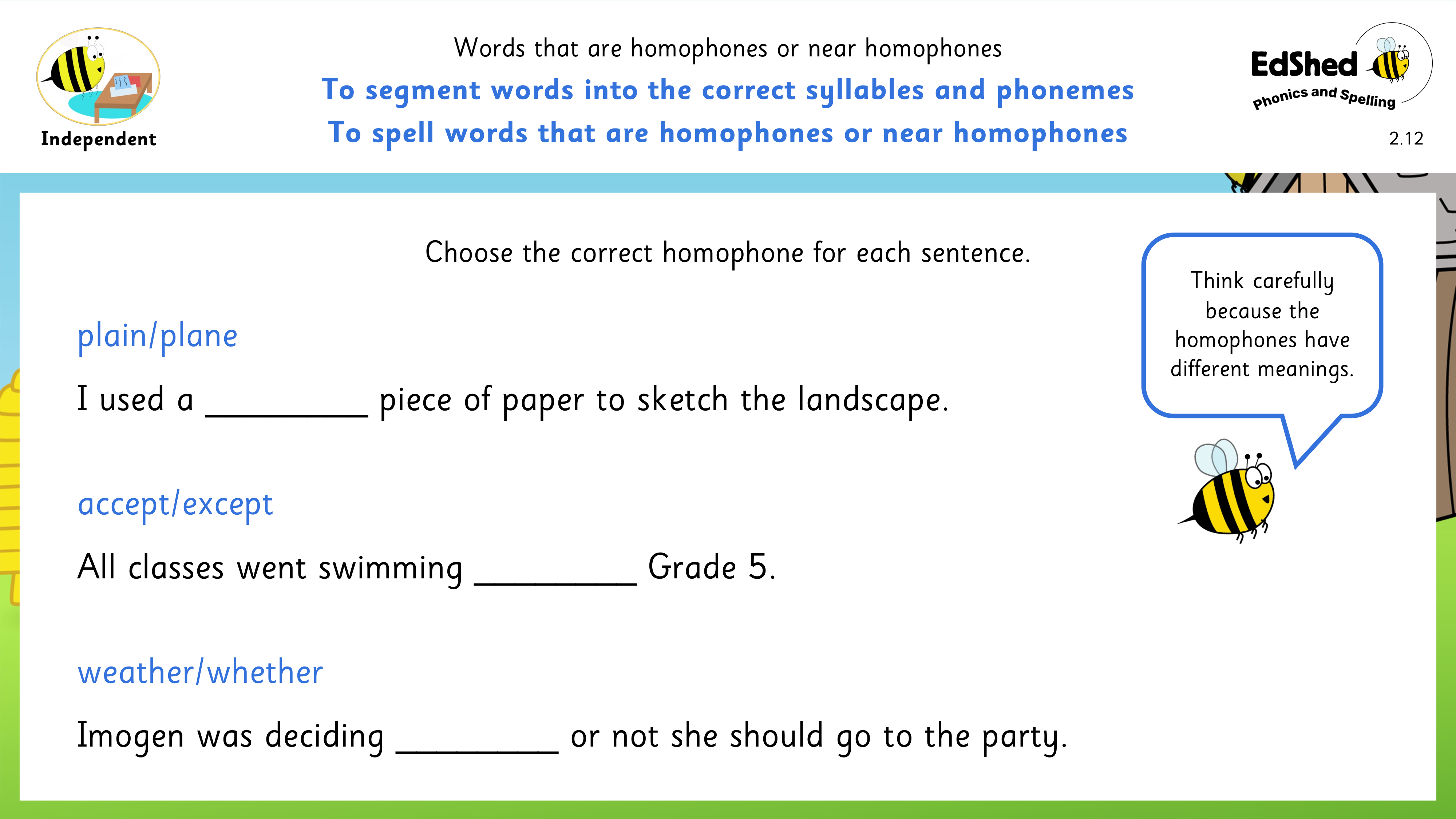Lesson presentation slide for using the correct homophone in sentences page 1