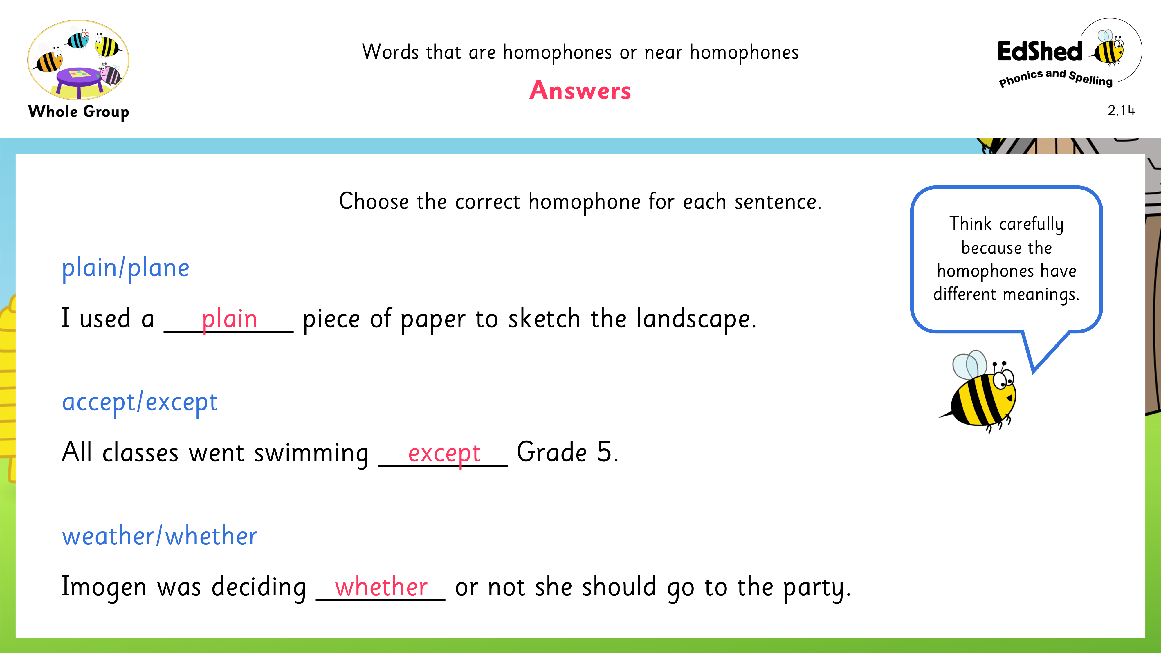 Lesson presentation slide for answers of using the correct homophone in sentences page 1