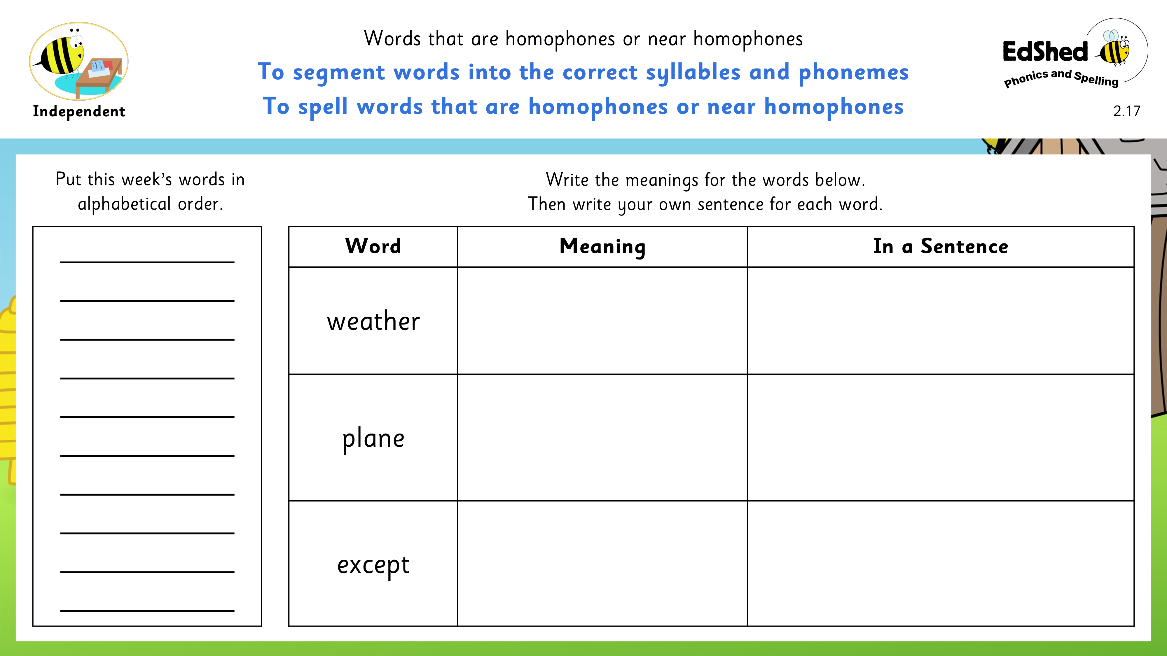 Lesson presentation slide for segmenting words and alphabetising