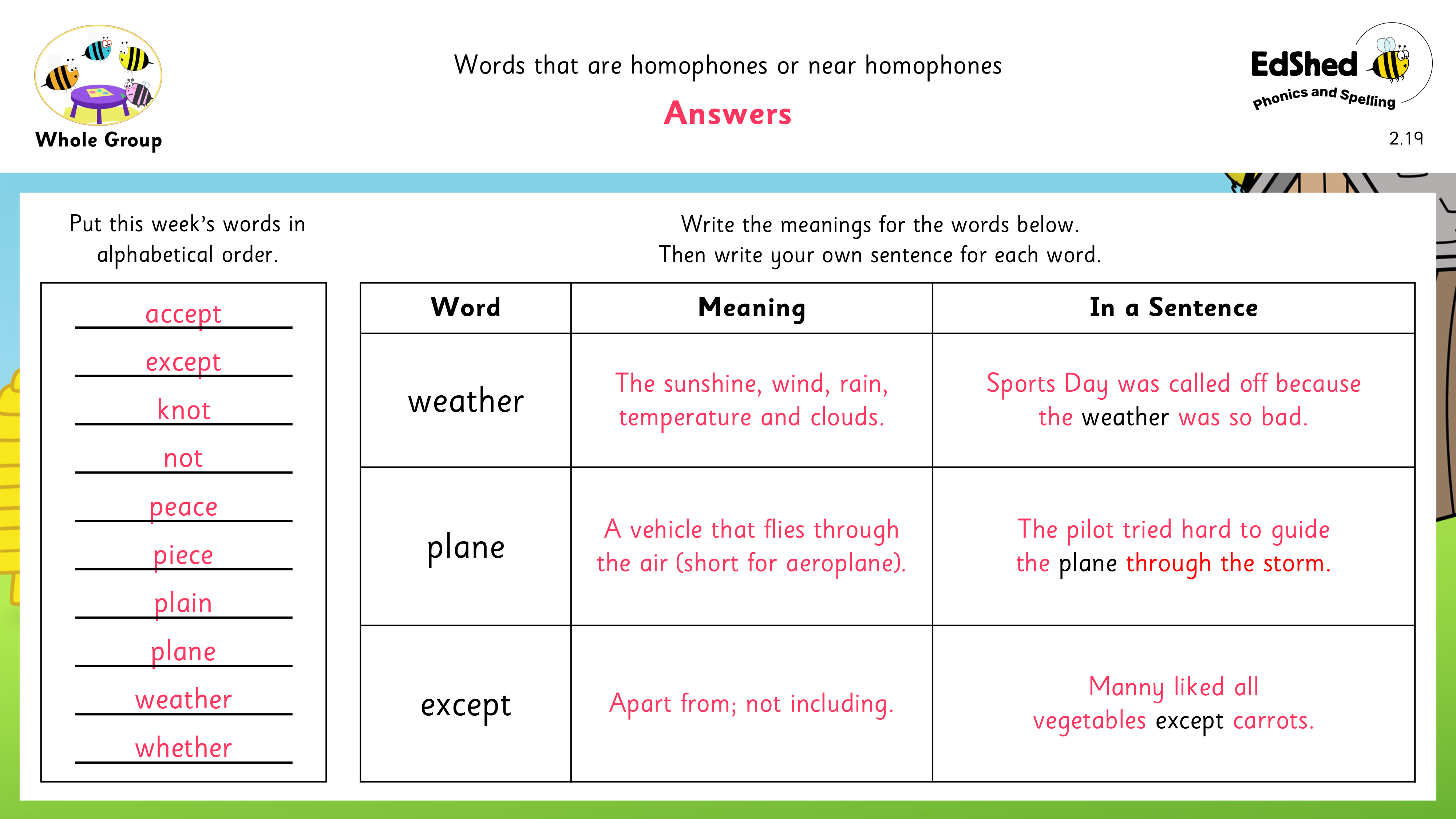 Lesson presentation slide for answers of segmenting words and alphabetising