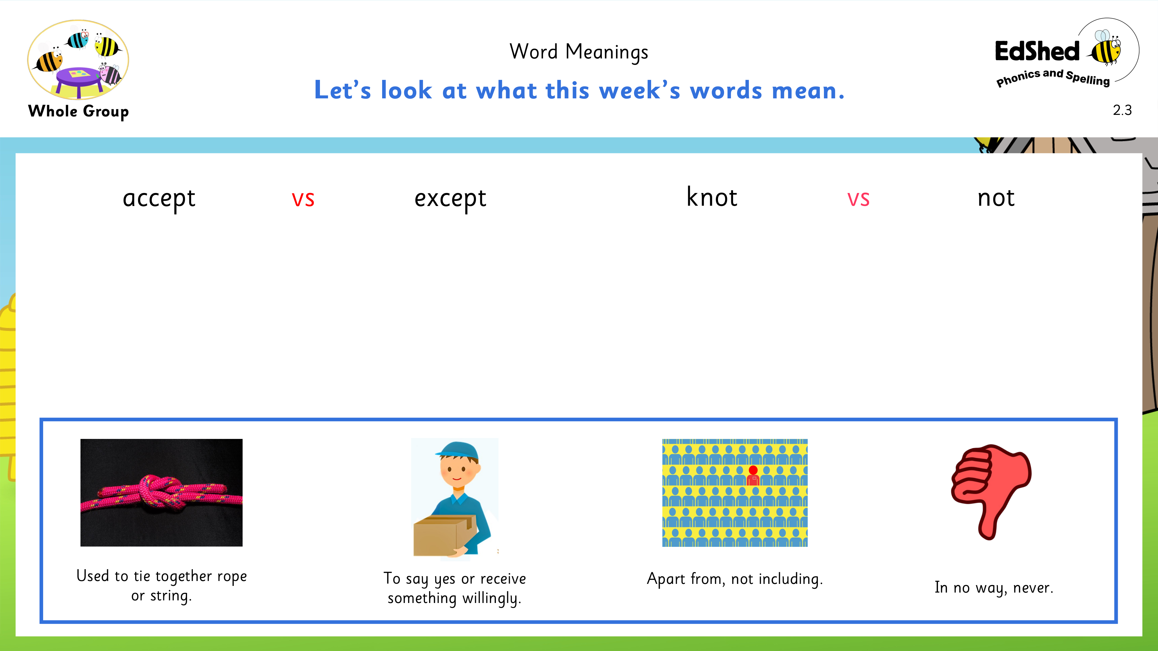 Lesson presentation slide for homophone words accept and except, knot and not