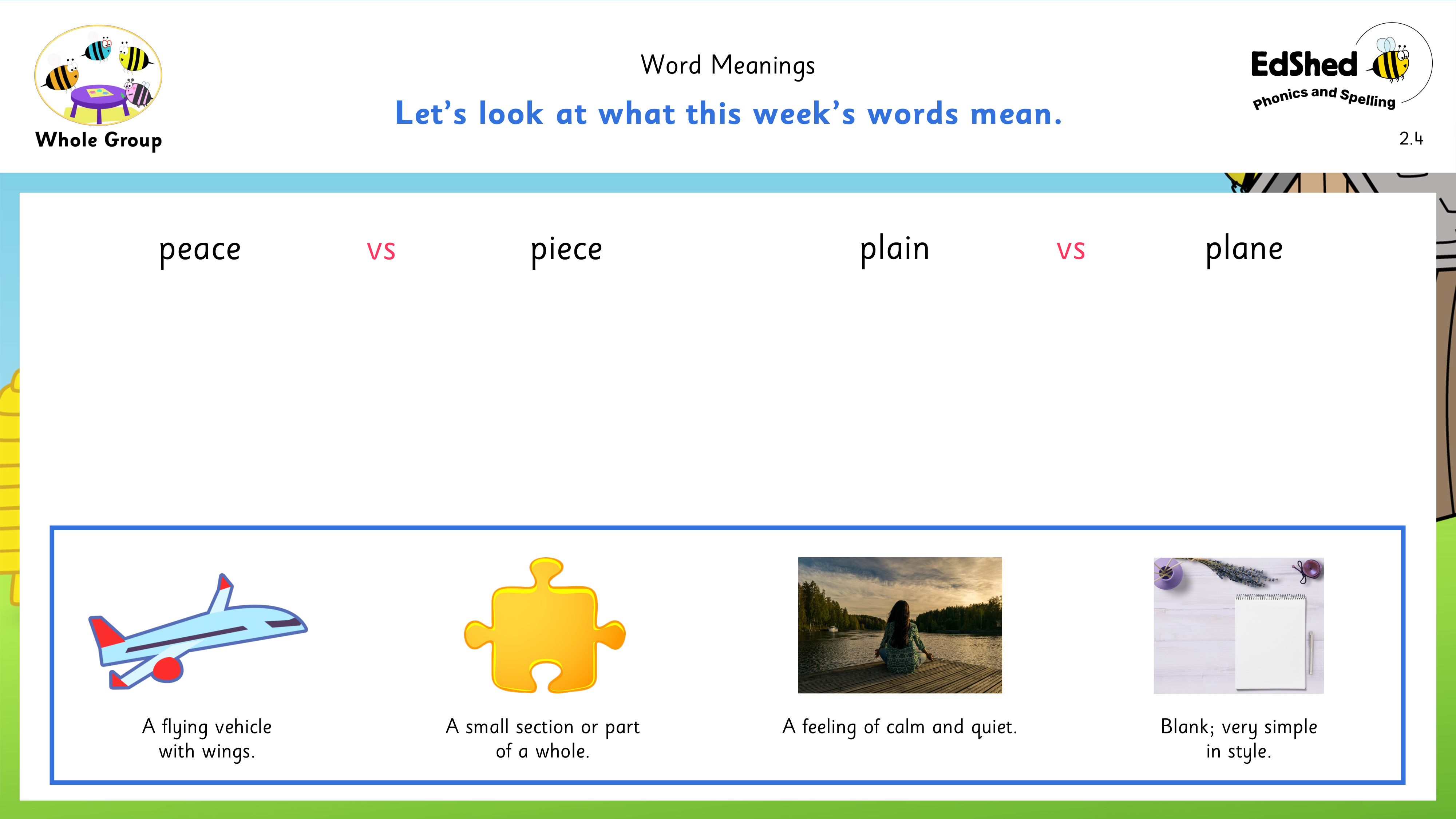 Lesson presentation slide for homophone words peace and piece, plain and plane