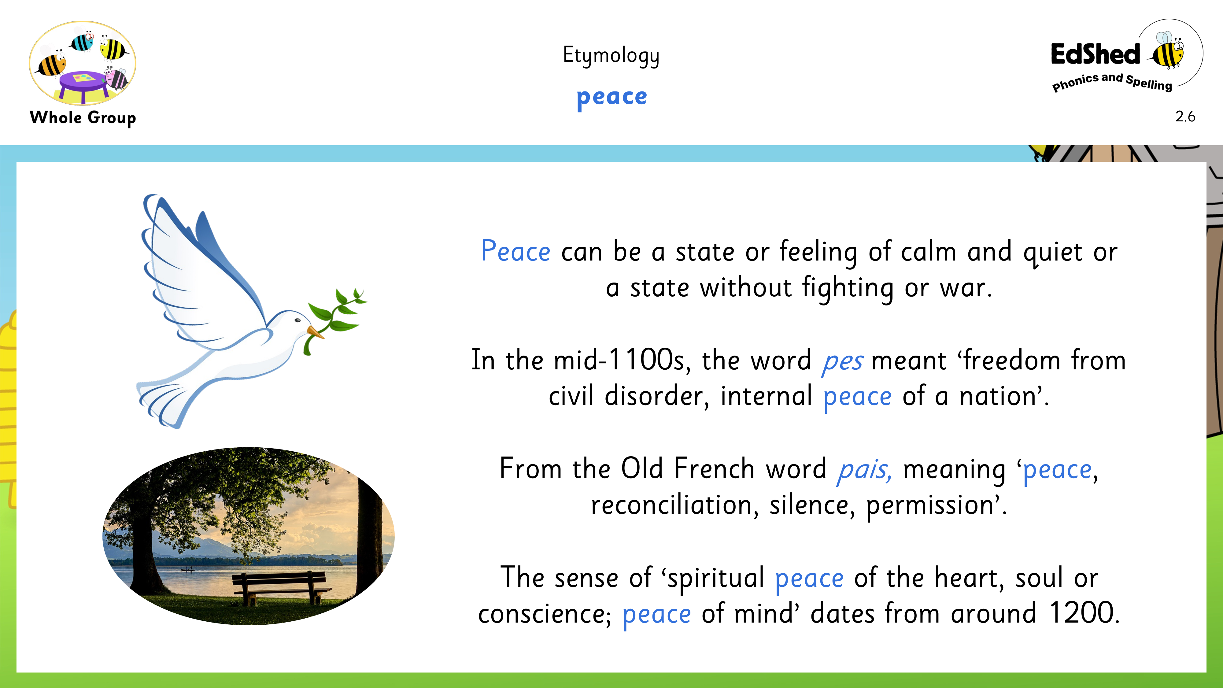 Lesson presentation slide for etemology of the word peace
