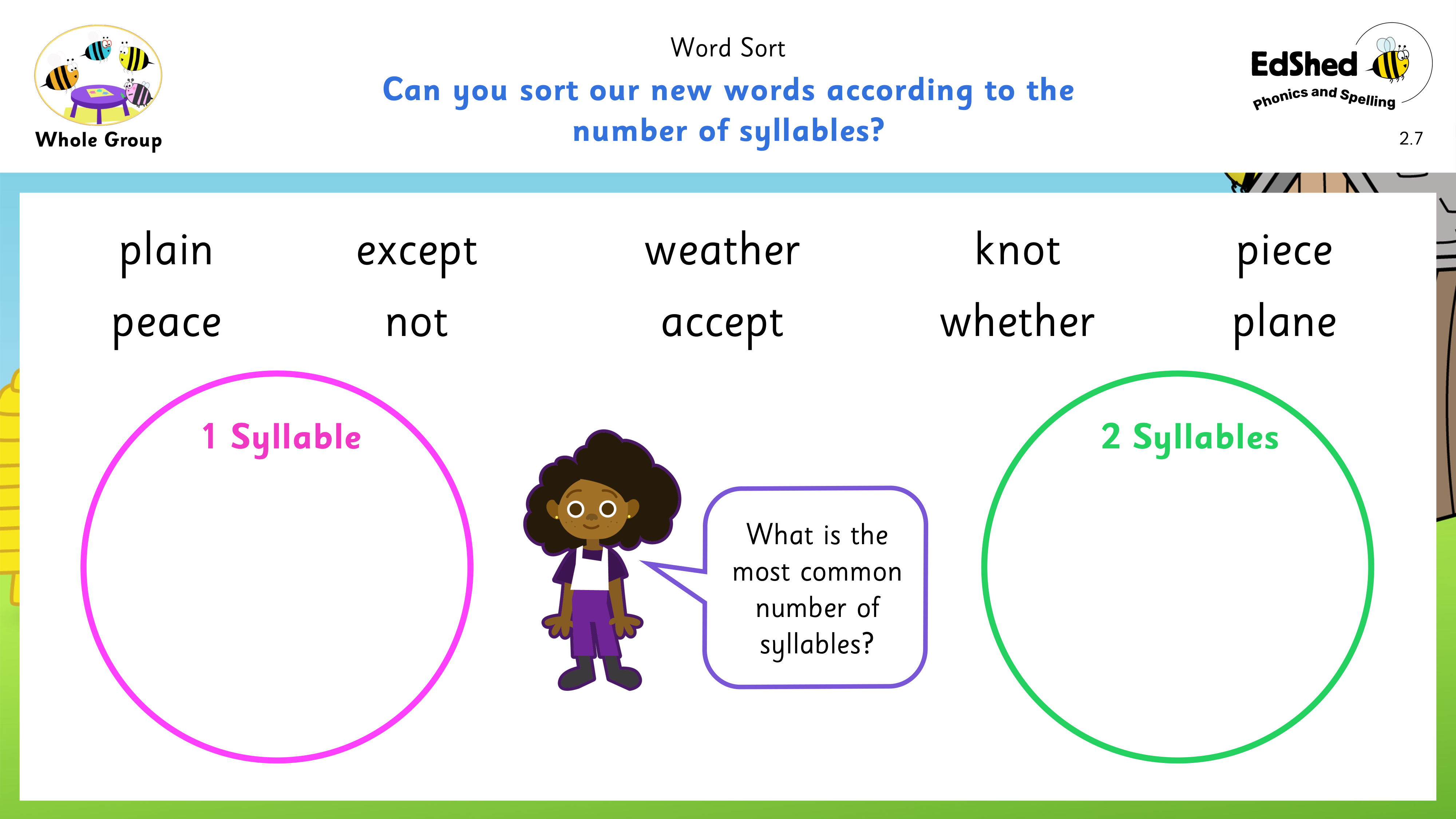 Lesson presentation slide for sorting words based on number of syllables